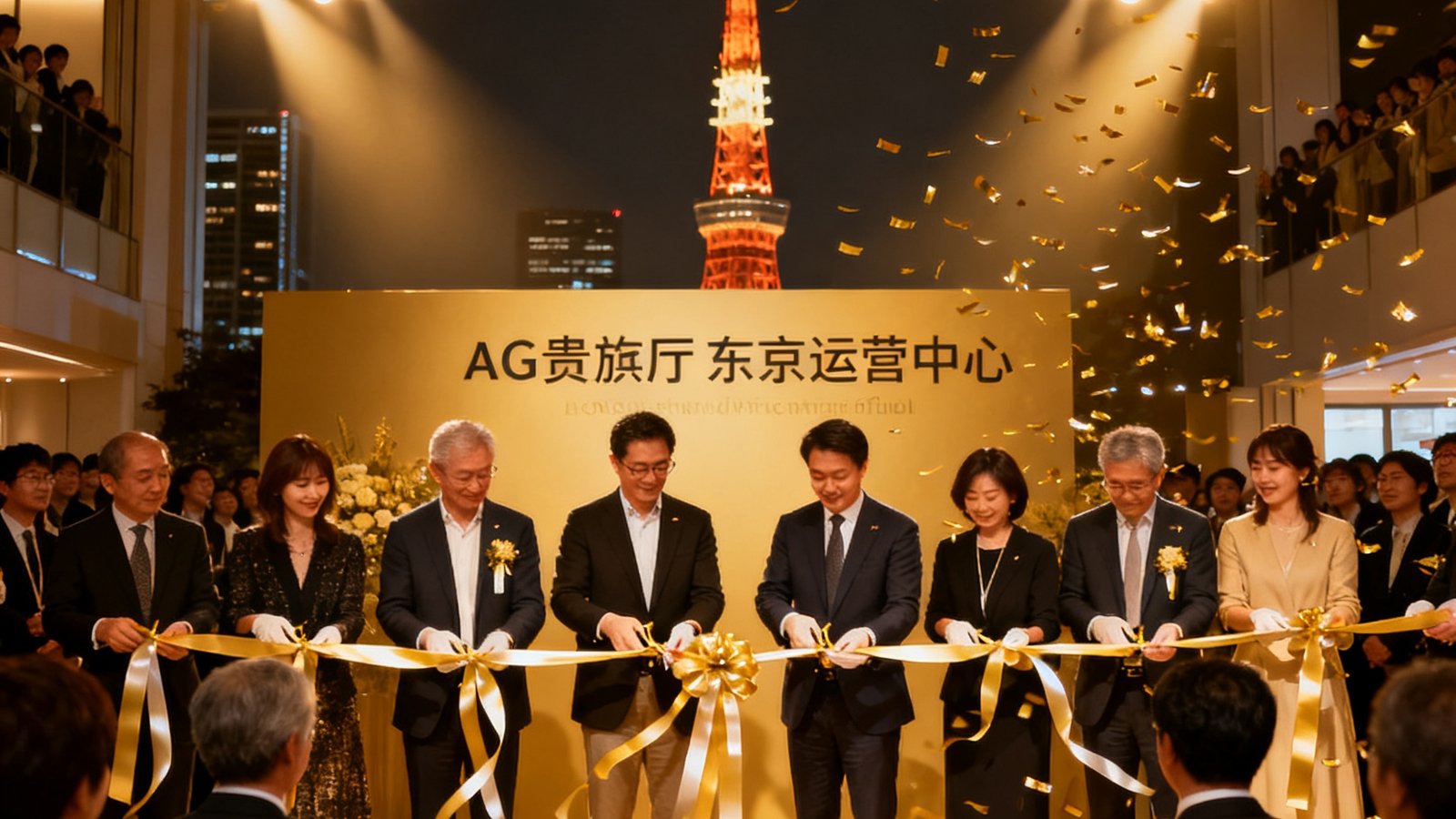 AG贵宾厅东京运营中心开业典礼现场，创始人团队与合作伙伴共同剪彩，背景为东京塔
